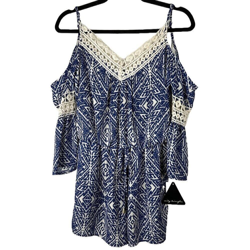 City Triangles Boho Romper Small Off Shoulder Blue Ivory Crochet Festival NWT - Picture 4 of 11